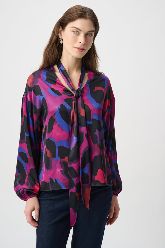 Joseph Ribkoff Black/Multi Animal Print Satin Tie-Neck Top