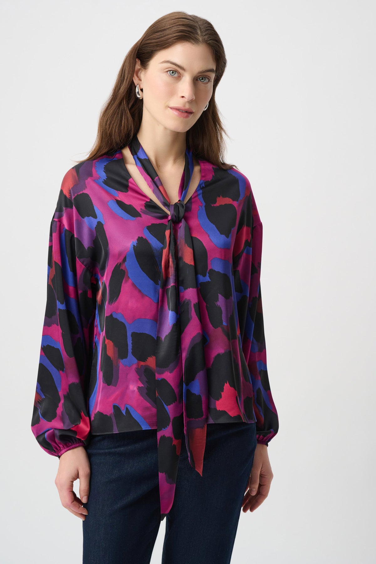 Joseph Ribkoff Black/Multi Animal Print Satin Tie-Neck Top