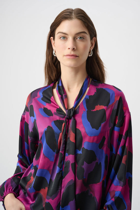 Joseph Ribkoff Black/Multi Animal Print Satin Tie-Neck Top