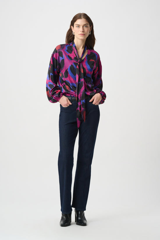 Joseph Ribkoff Black/Multi Animal Print Satin Tie-Neck Top