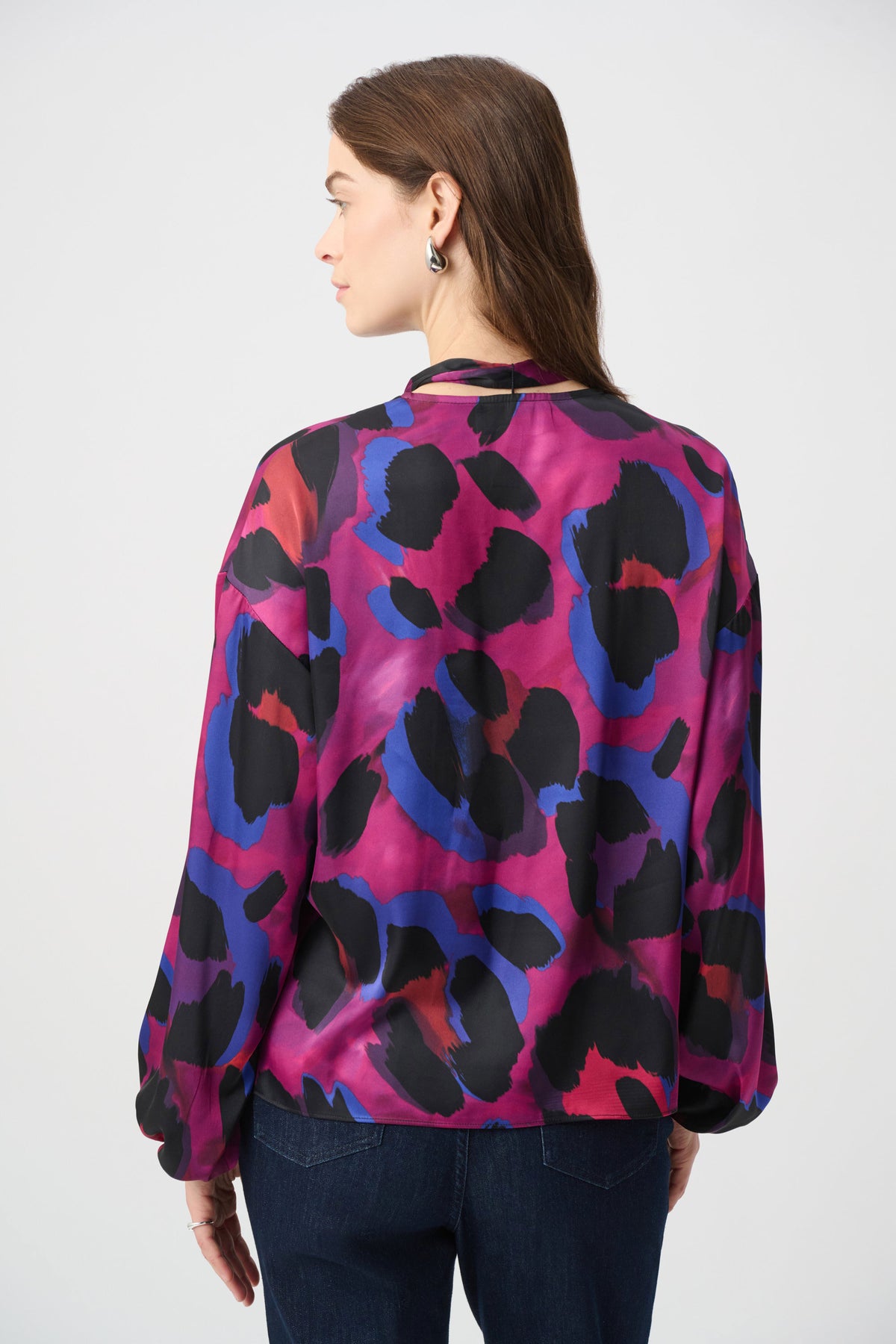 Joseph Ribkoff Black/Multi Animal Print Satin Tie-Neck Top