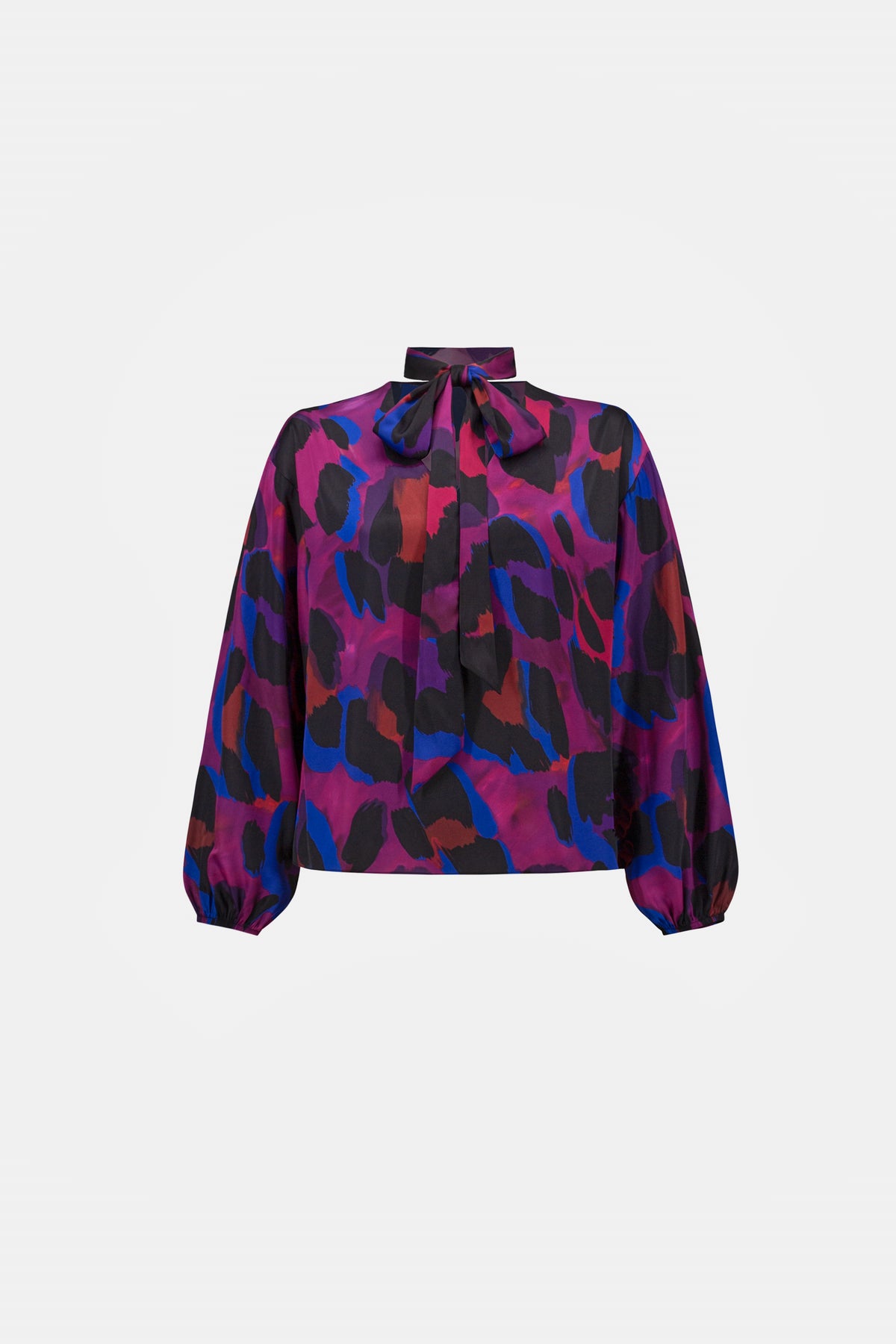 Joseph Ribkoff Black/Multi Animal Print Satin Tie-Neck Top