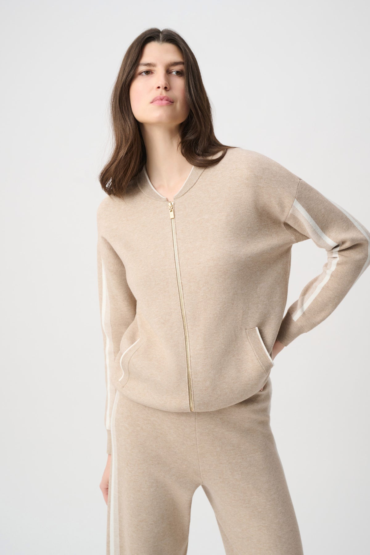 Joseph Ribkoff Fawn Striped Sleeve Bomber Jacket