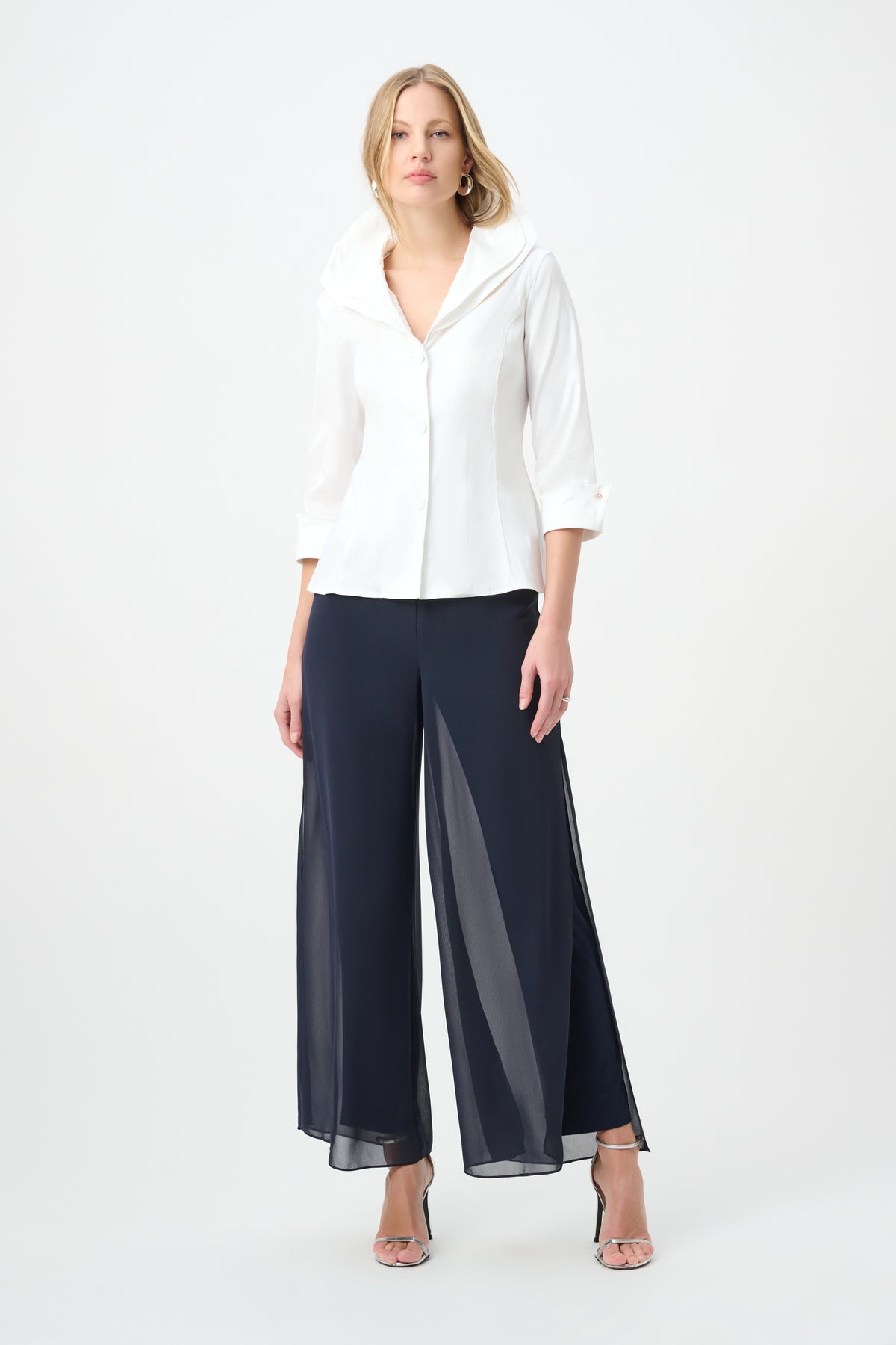 Joseph Ribkoff Midnight Blue Chiffon Wide-Leg Pull-On Trousers