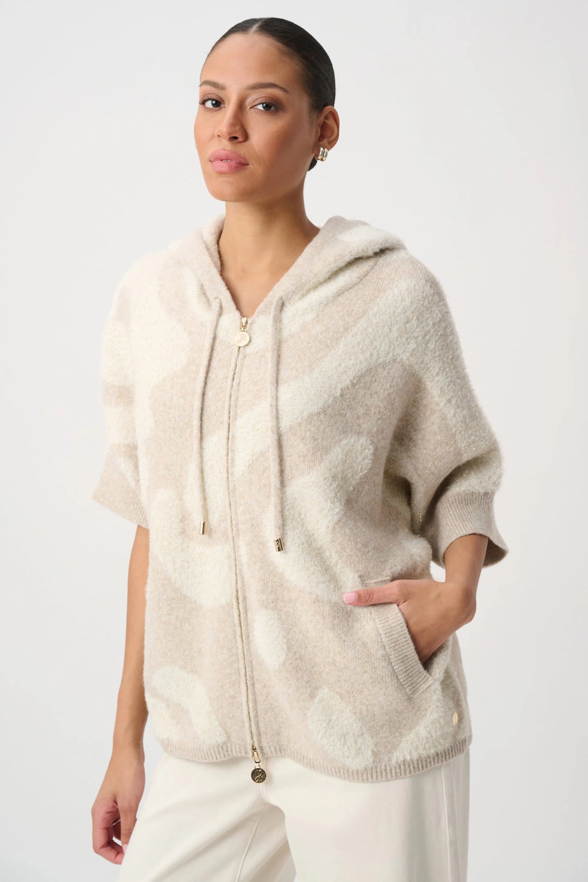 Joseph Ribkoff Oatmeal/Gold Hooded Animal Print Sweater