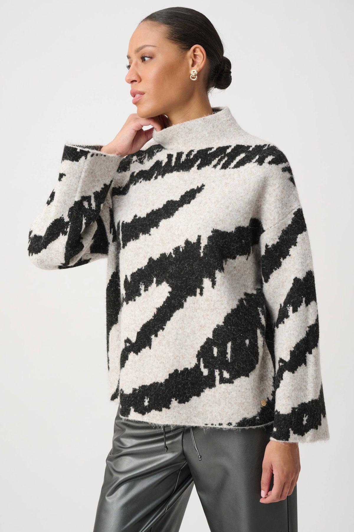 Joseph Ribkoff Oatmeal/Black Animal Print Mock Neck Sweater