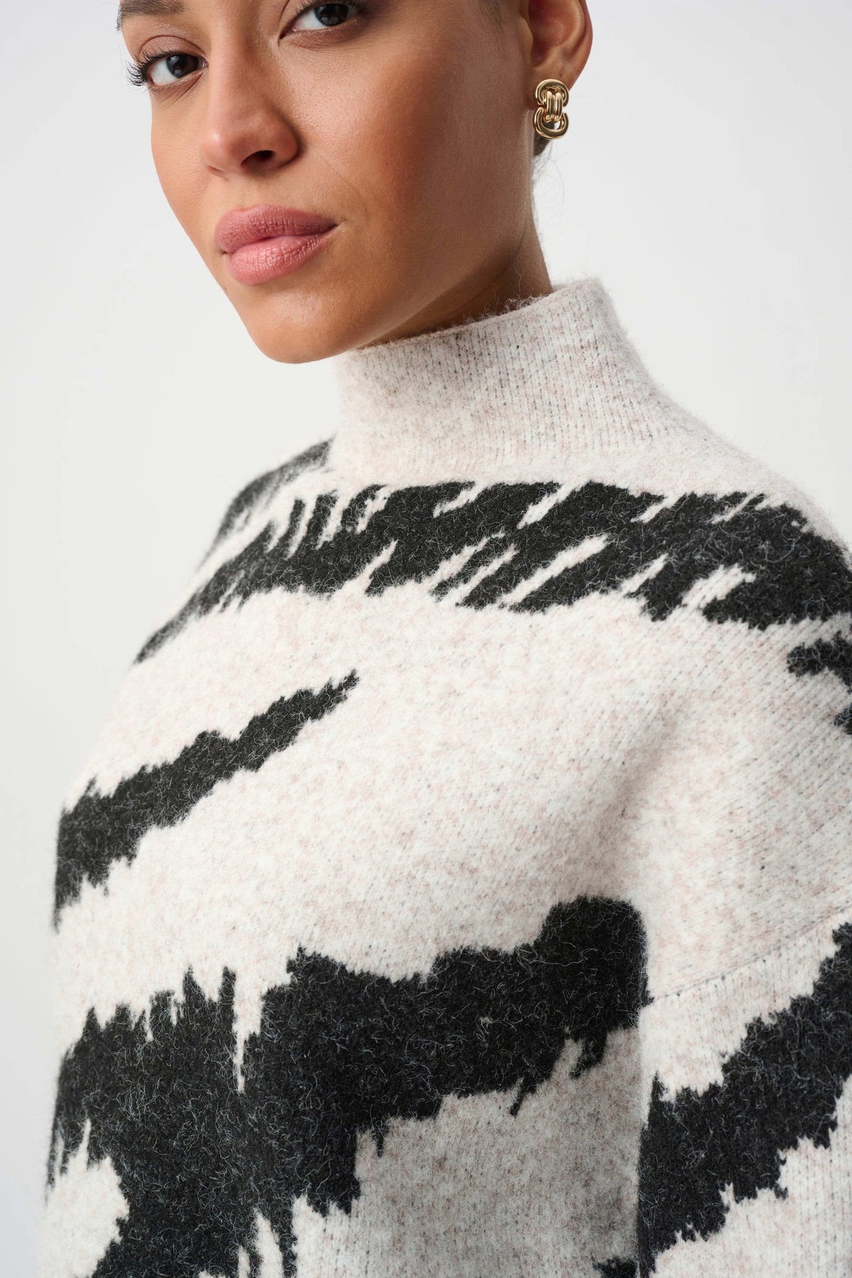 Joseph Ribkoff Oatmeal/Black Animal Print Mock Neck Sweater