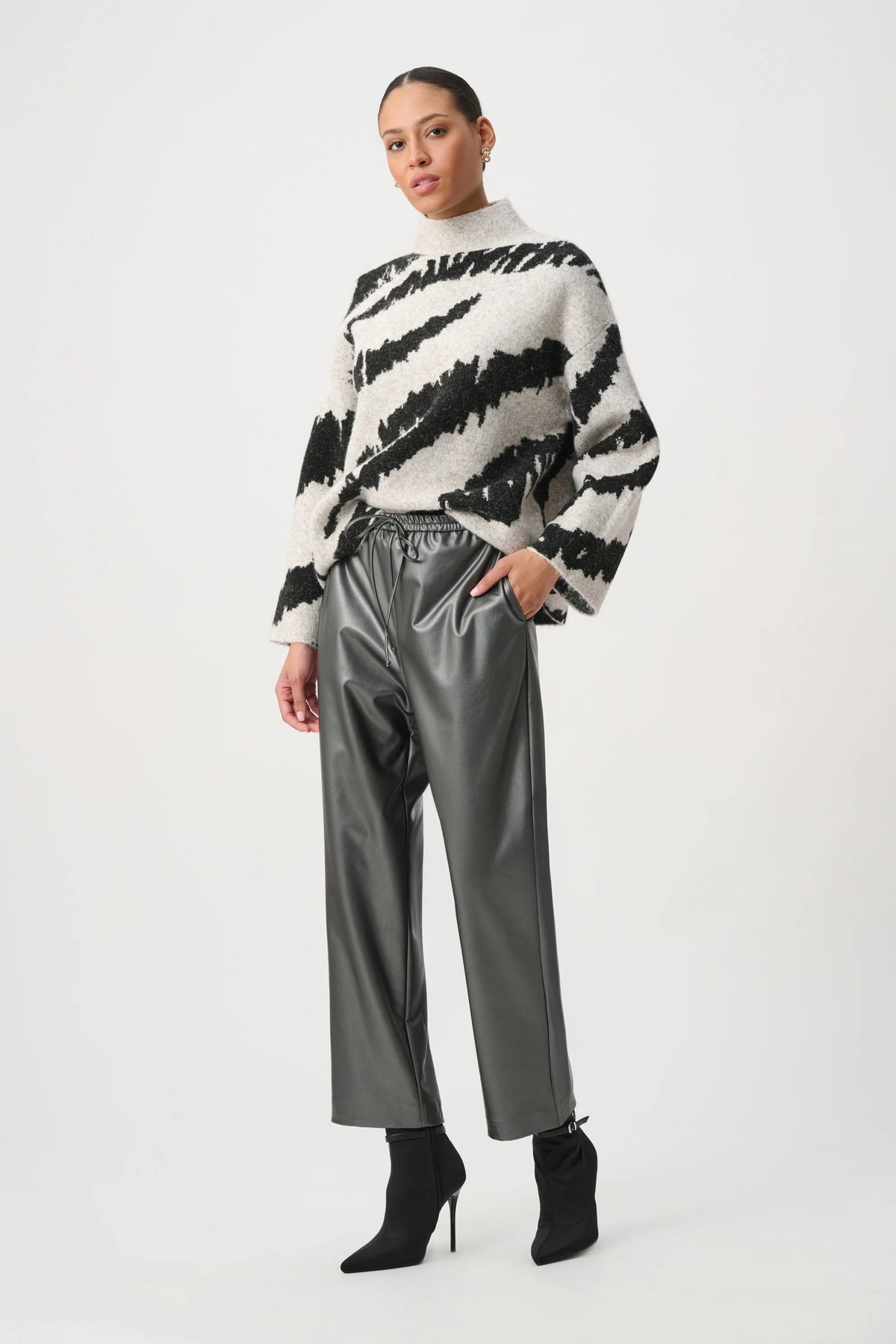 Joseph Ribkoff Oatmeal/Black Animal Print Mock Neck Sweater