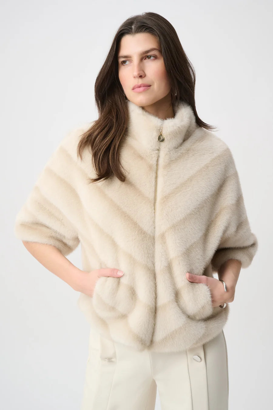 Joseph Ribkoff Beige Chevron Faux Fur Jacket 264946