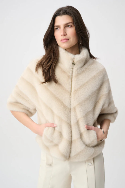 Joseph Ribkoff Beige Chevron Faux Fur Jacket