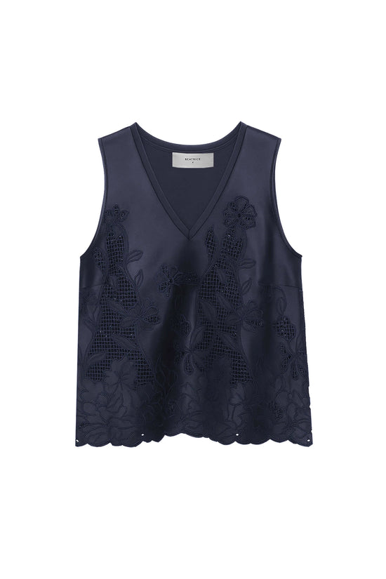 Beatrice b Dark Blue Satin Top with Floral Embroidery 26FE4389