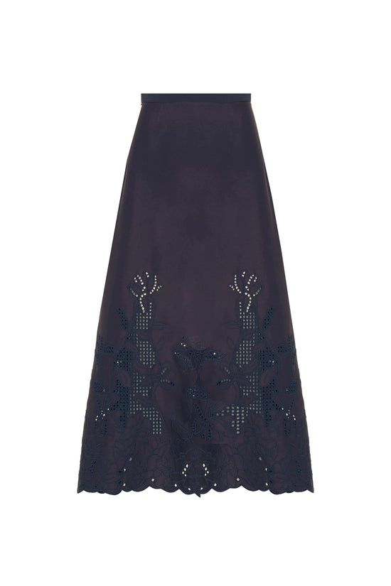 Beatrice b Dark Blue Midi Skirt with Cut-Out Embroidery 26FE5987