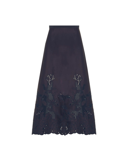 Beatrice b Dark Blue Midi Skirt with Cut-Out Embroidery 26FE5987