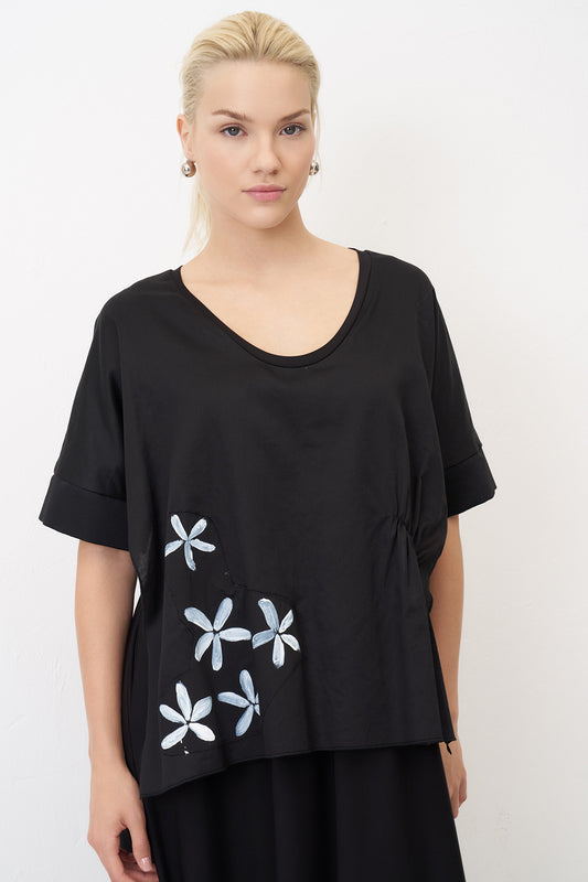 Bize Black Short Sleeve Midi Dress with Soft V‑Neck and Overlay Top BZ2141