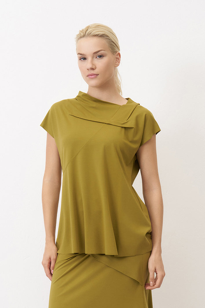Bize Olive Cap Sleeve Loose Fit Top with Asymmetric Layered Neckline