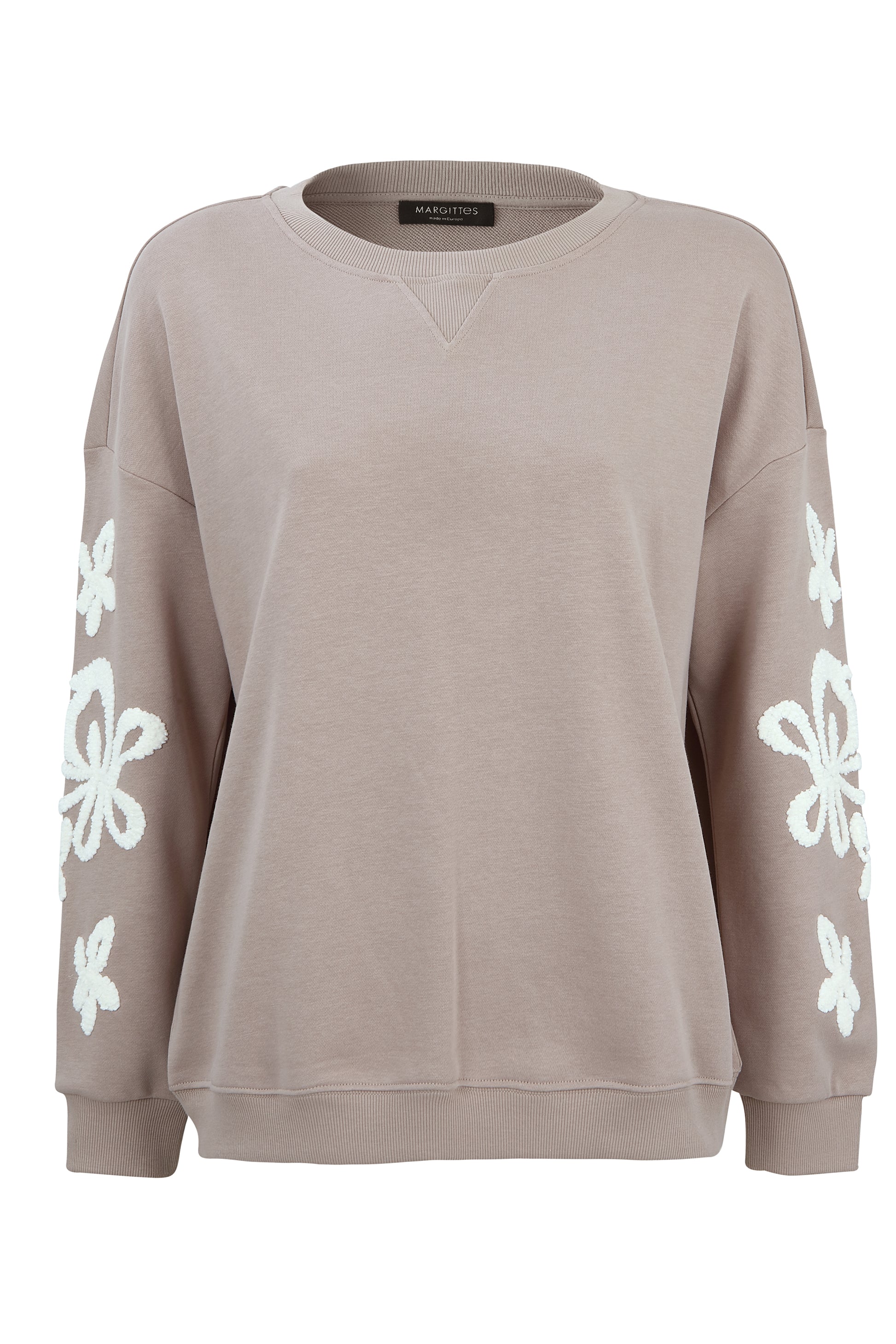 Margittes Beige Crew Neck Long Sleeve Sweatshirt with Faux Fur Flower Sleeve Detail 275842514