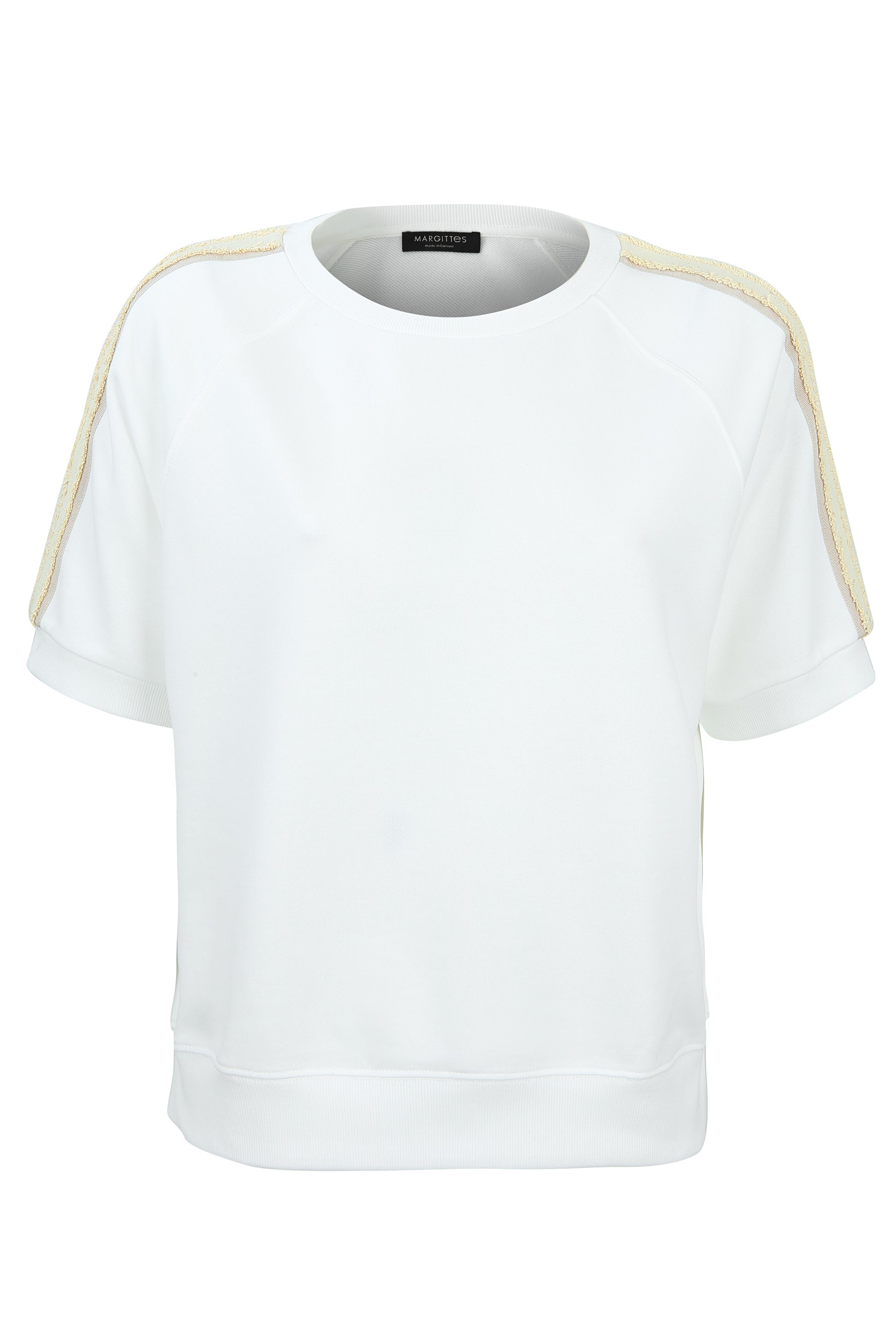 Margittes Off-White Crew Neck Short Sleeve Sweatshirt with Contrasting Sleeve Stripe 276172524