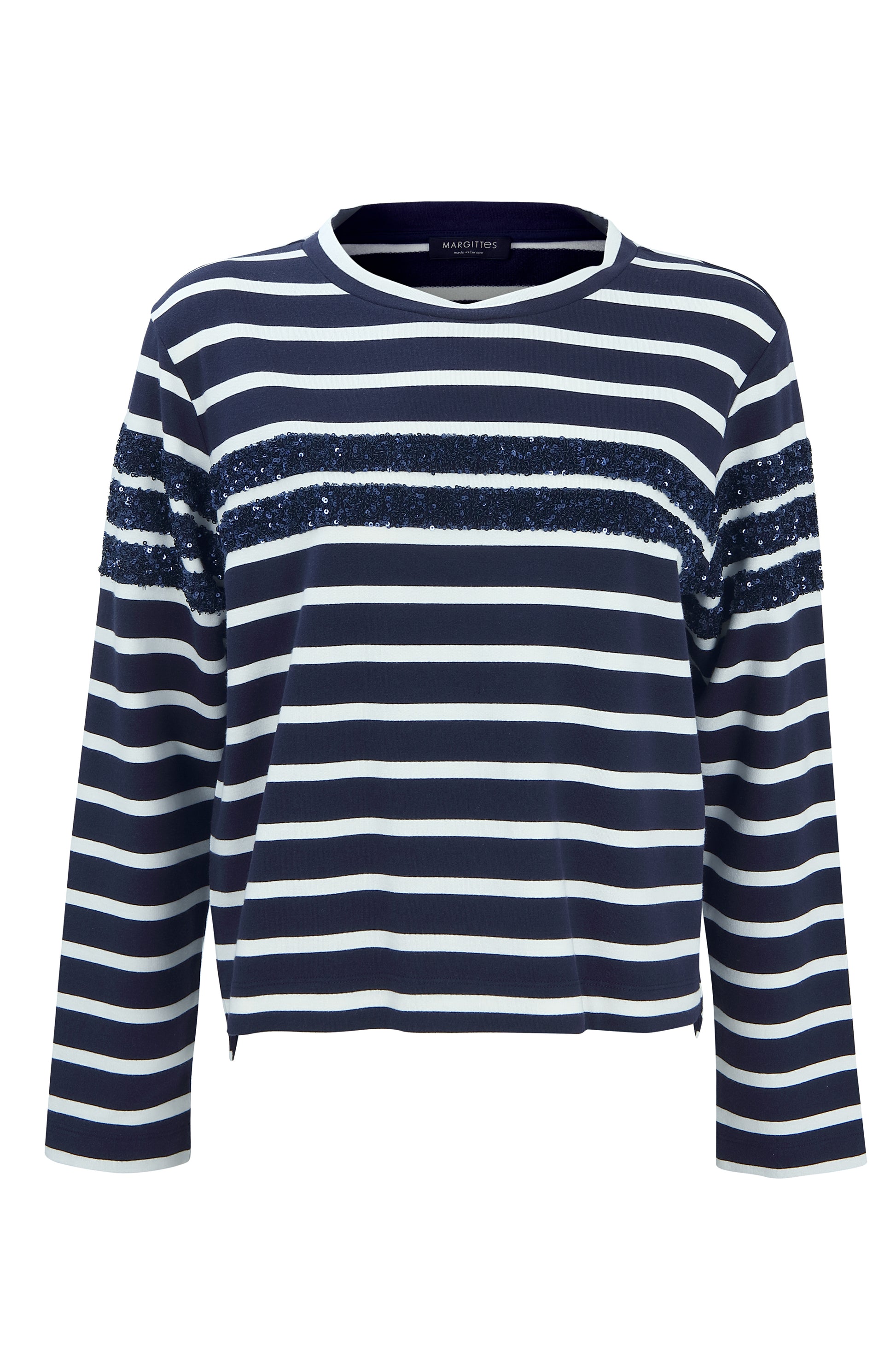 Margittes Dark Blue Crew Neck Sweatshirt with Stripes & Sequin Detail 276242514