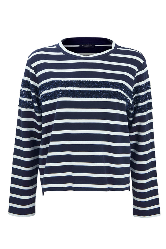 Margittes Dark Blue Crew Neck Sweatshirt with Stripes & Sequin Detail 276242514