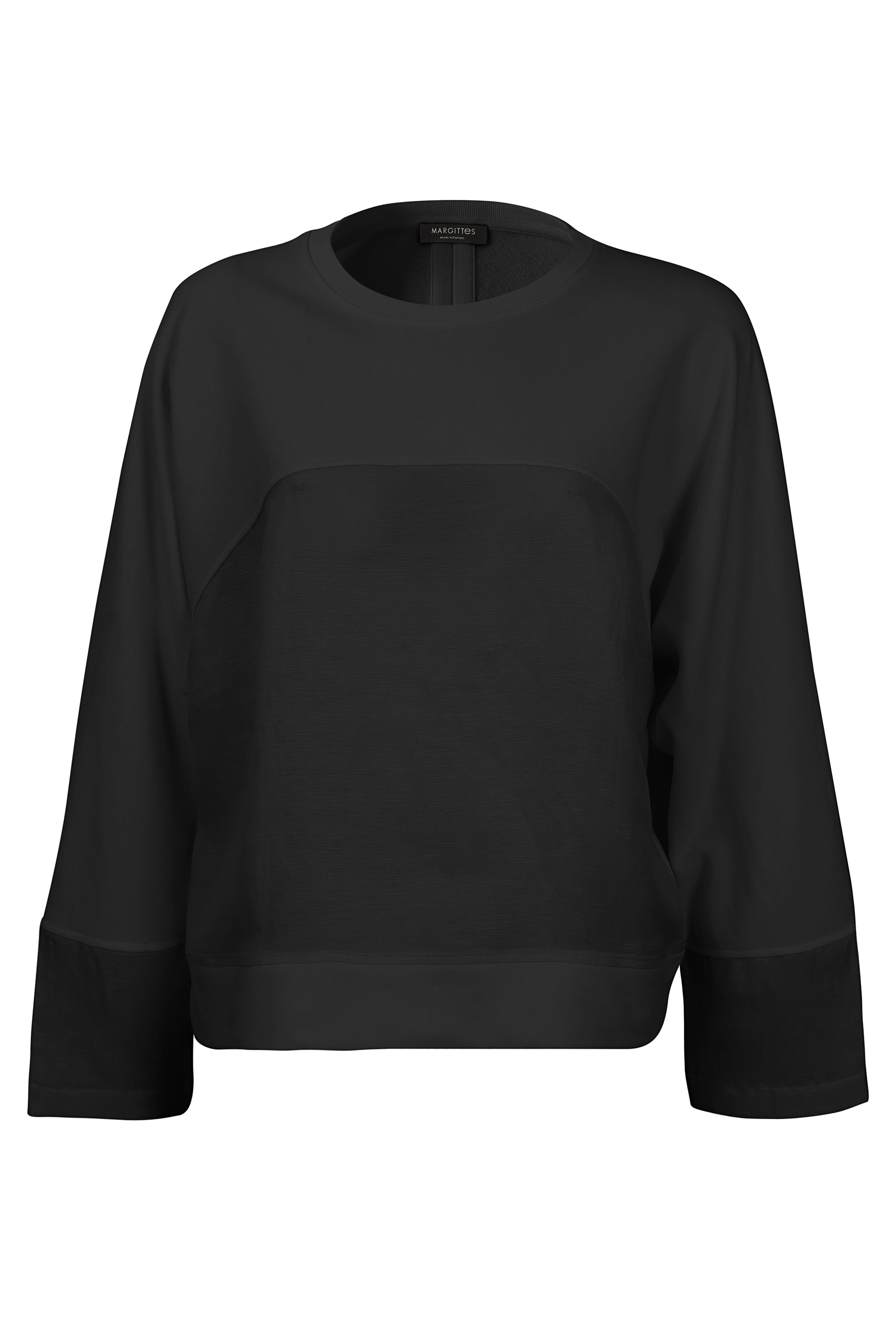 Margittes Black Crew Neck Long Sleeve Top with Mixed Fabric Panels 276402514