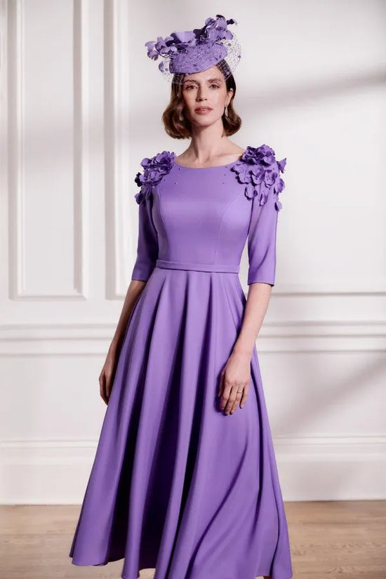 John Charles Orchid Crepe A-Line Dress with 3D Flower Shoulder Details