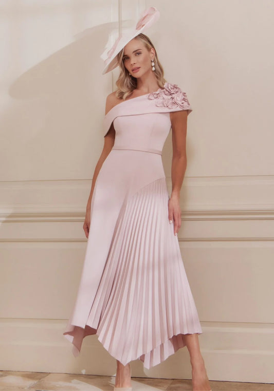 John Charles Petal Pink Crepe Midi Dress with Thin Self-Belt