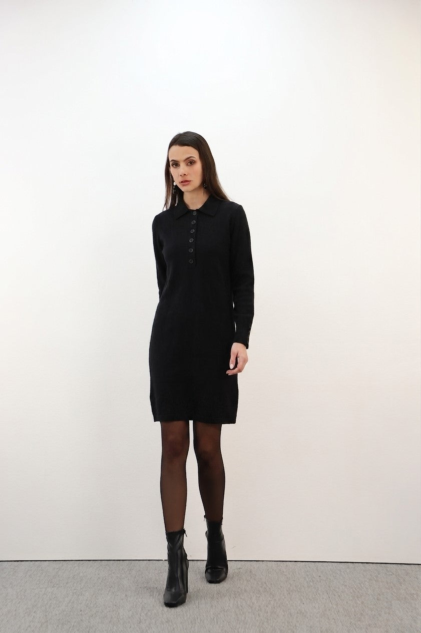 Estheme Cashmere Black Cashmere Polo Knit Midi Dress