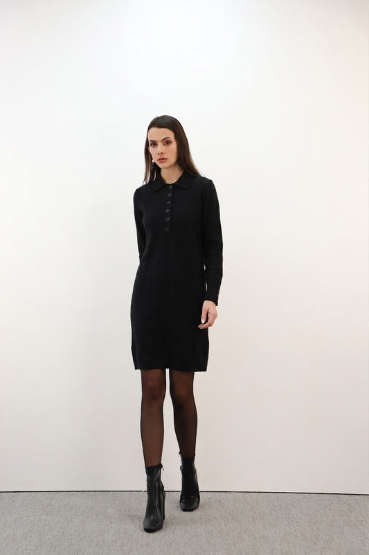 Estheme Cashmere Black Cashmere Polo Knit Midi Dress