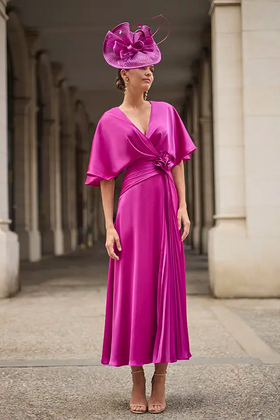 Couture Club Geranium Pink Satin Crossover V-Neckline Dress
