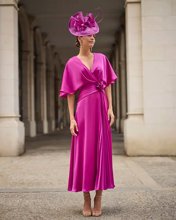 Couture Club Geranium Pink Satin Crossover V-Neckline Dress