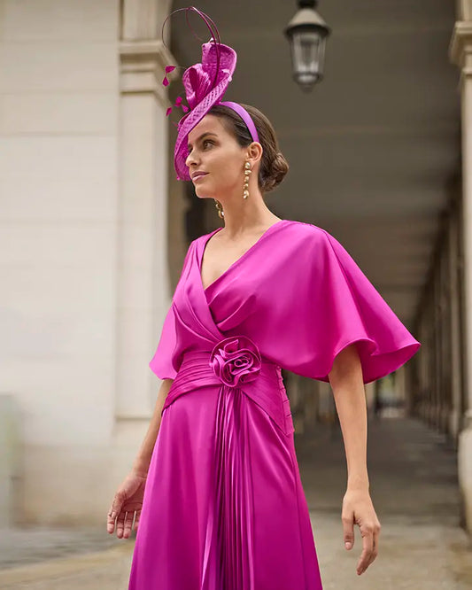 Couture Club Geranium Pink Satin Crossover V-Neckline Dress