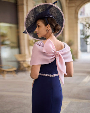 Couture Club Navy/Pink Short Fitted Dress With Illusion Bardot Neckline