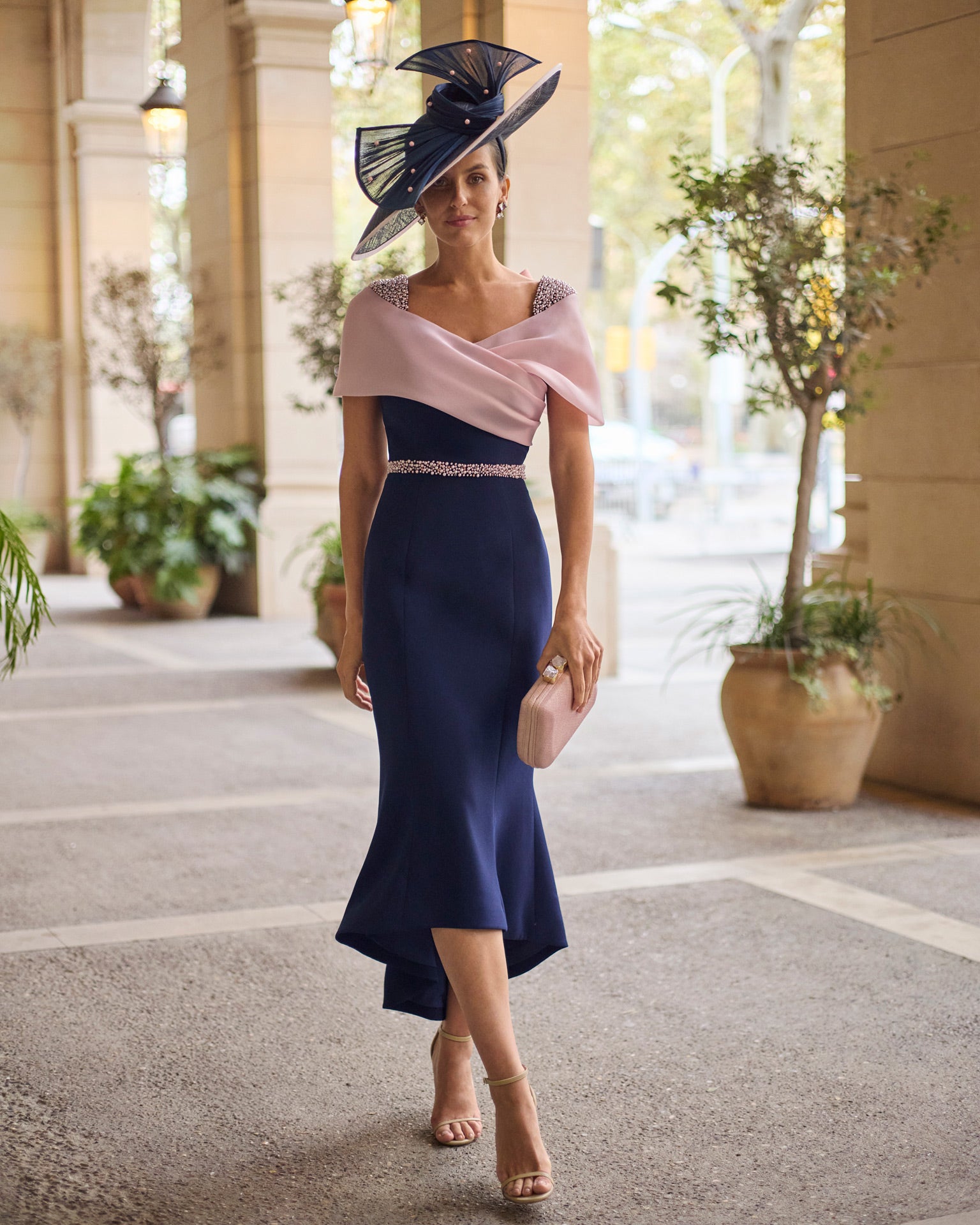 Couture Club Navy/Pink Short Fitted Dress With Illusion Bardot Neckline