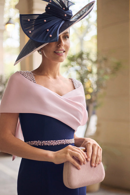 Couture Club Navy/Pink Short Fitted Dress With Illusion Bardot Neckline