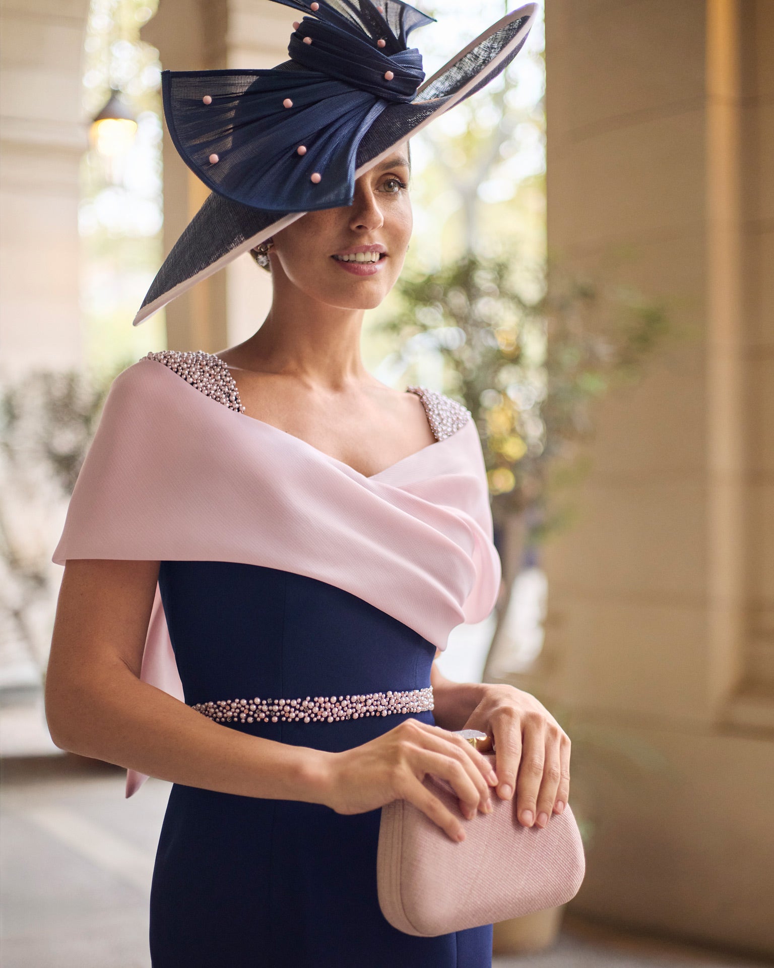 Couture Club Navy/Pink Short Fitted Dress With Illusion Bardot Neckline