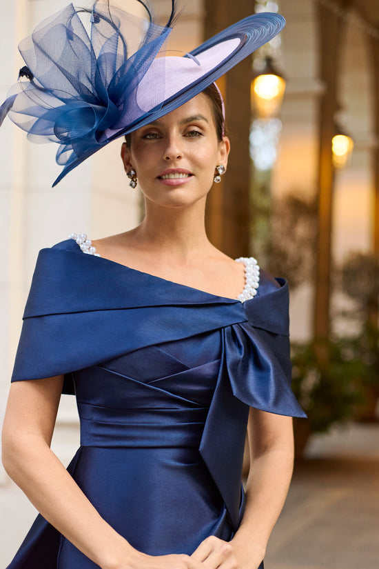 Couture Club Navy Dress with Boat Neckline Beading and Removable Collar