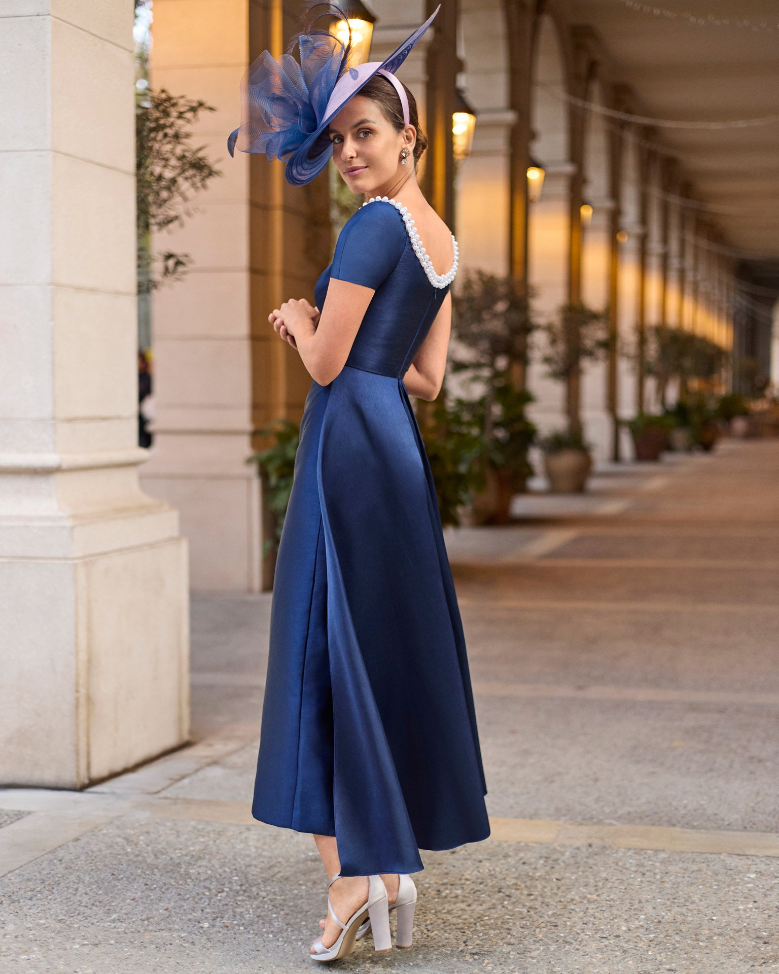 Couture Club Navy Dress with Boat Neckline Beading and Removable Collar