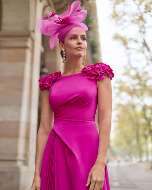 Couture Club Magenta Midi Dress with Floral Embellishment and Pleated Skirt