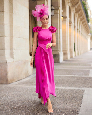 Couture Club Magenta Midi Dress with Floral Embellishment and Pleated Skirt