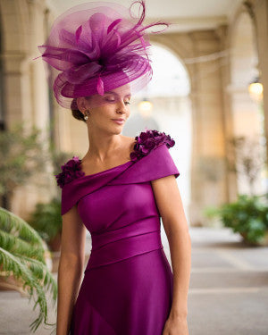 Couture Club Aubergine Off-the-Shoulder Dress with Floral Appliqué Detailing