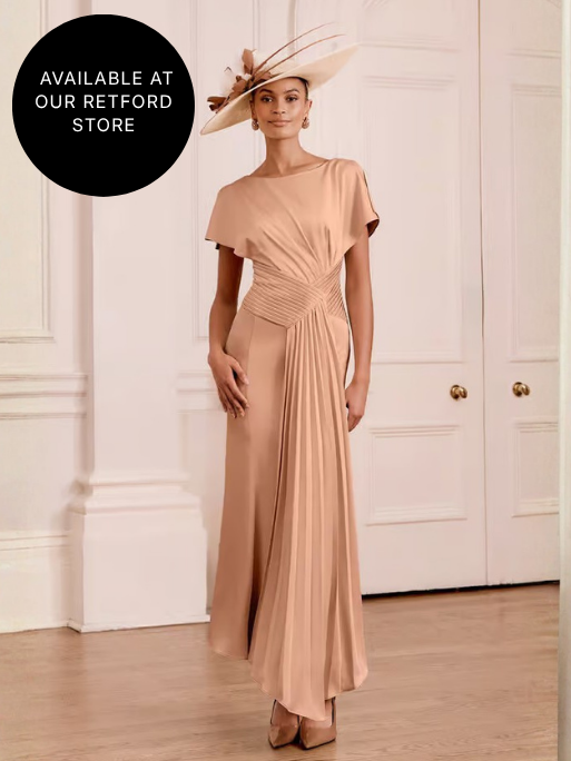 John Charles Mocha Draped Midi Dress with Asymmetric Hem