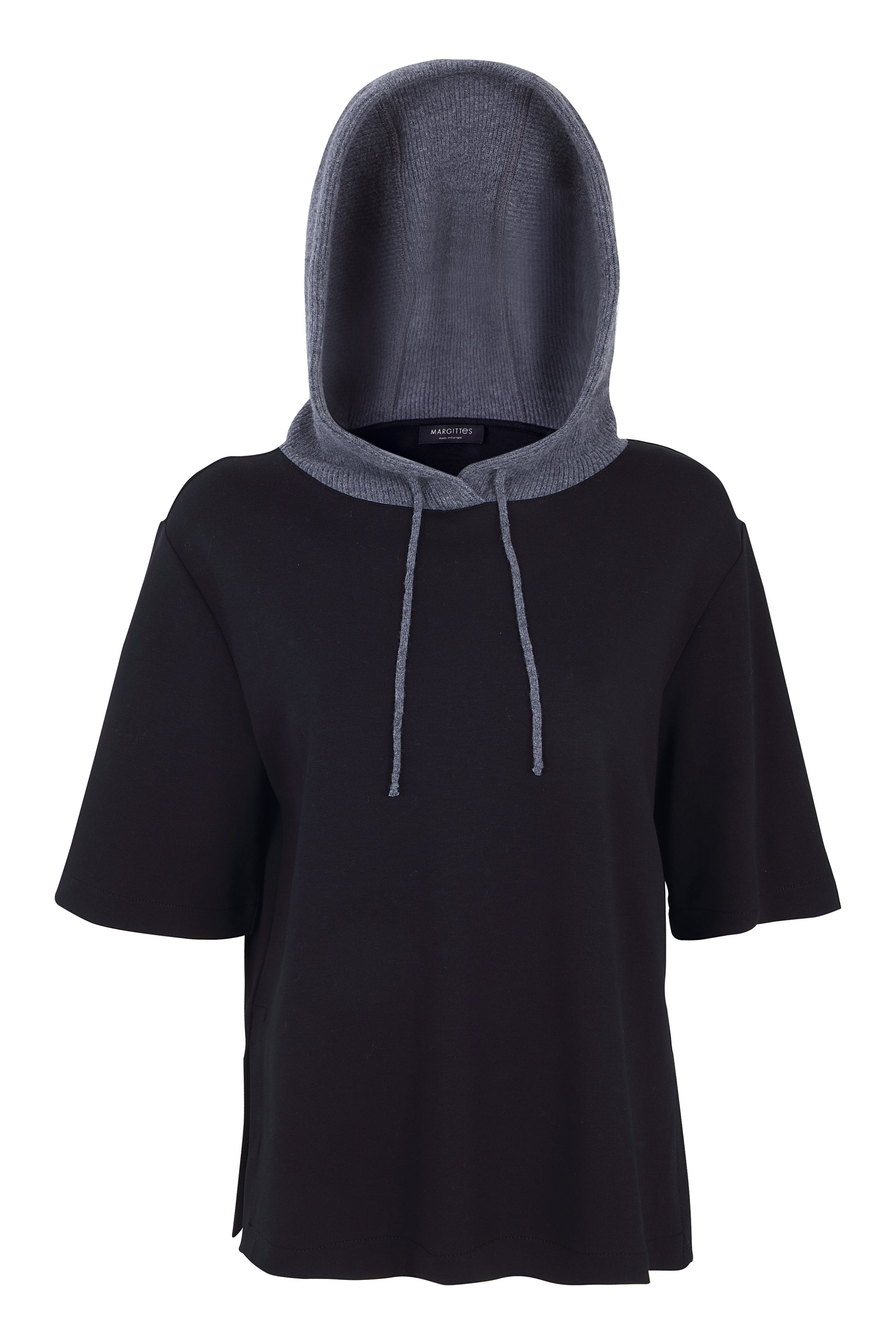 Margittes Black Short Sleeve Hoodie – Knitted Grey Hood, Drawstring