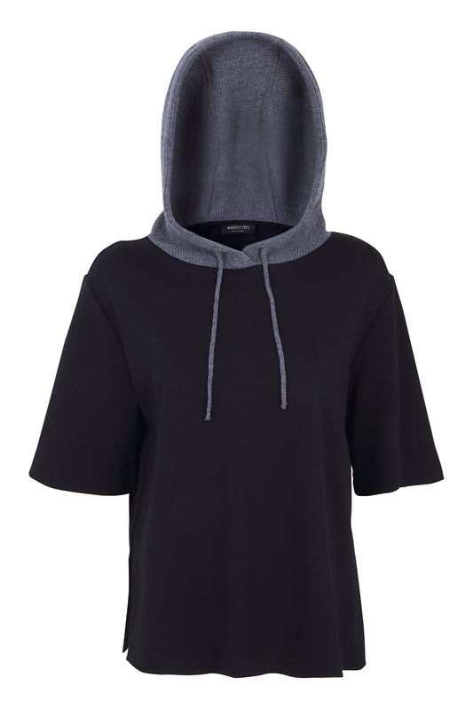 Margittes Black Short Sleeve Hoodie – Knitted Grey Hood, Drawstring