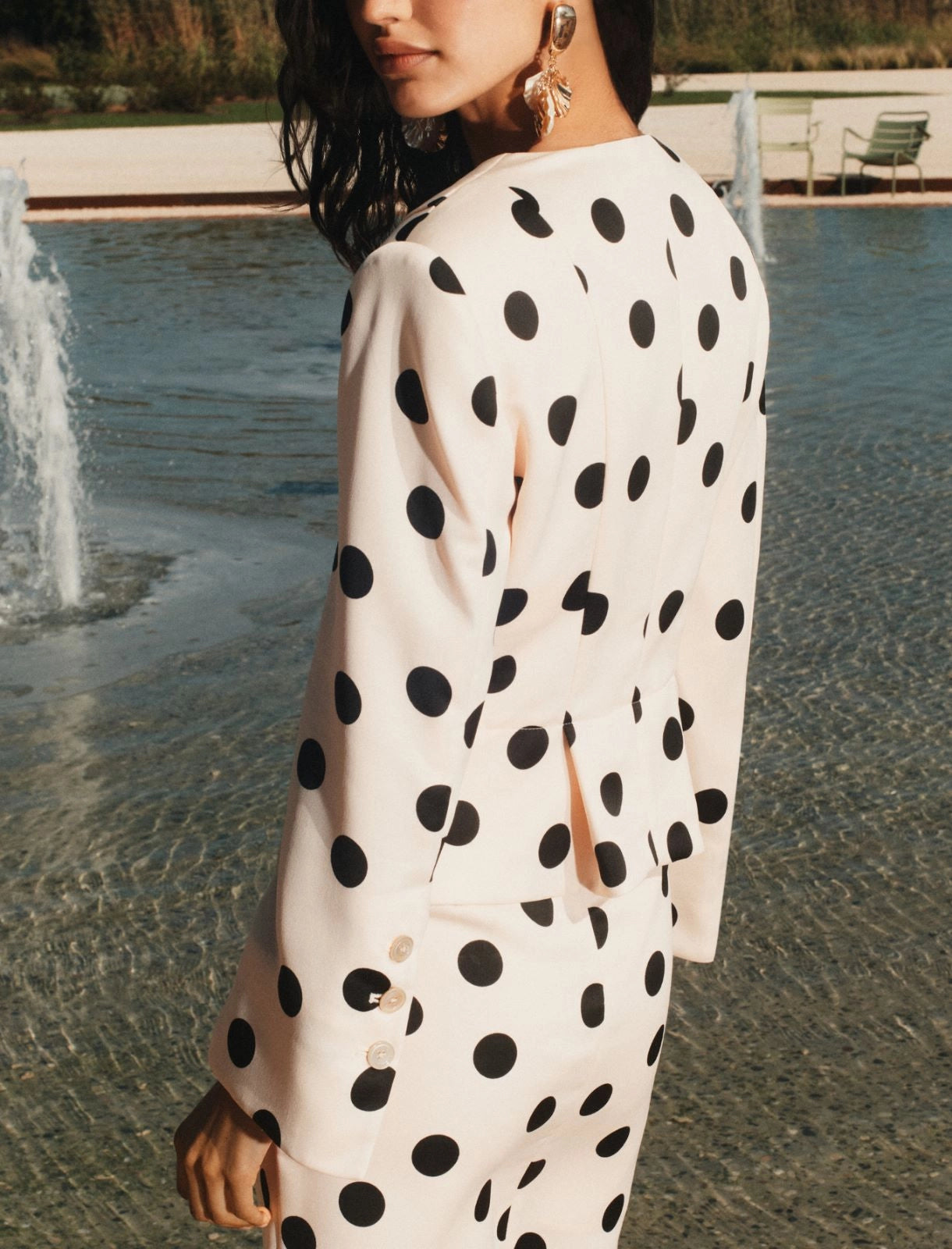 Marella Powder with Black Spot Print Slim-fit Pleated Jacket MLLDUOMO