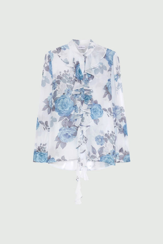 Marella Blue Floral Print Ruched Georgette Shirt MLLCANAPA