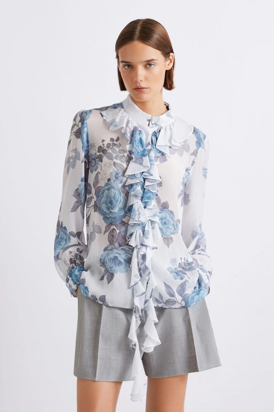 Marella Blue Floral Print Ruched Georgette Shirt MLLCANAPA