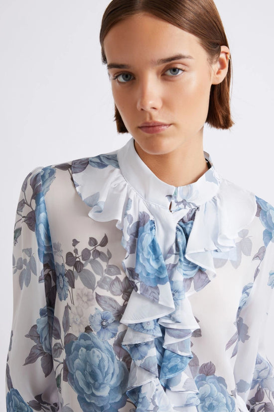 Marella Blue Floral Print Ruched Georgette Shirt MLLCANAPA