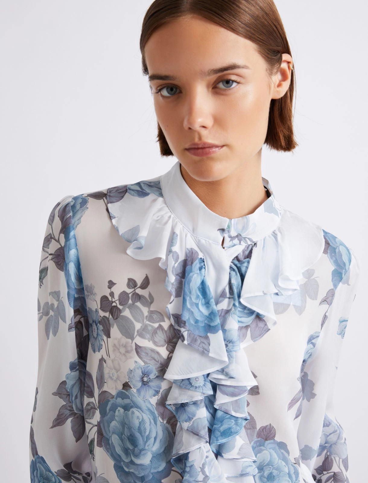 Marella Blue Floral Print Ruched Georgette Shirt MLLCANAPA