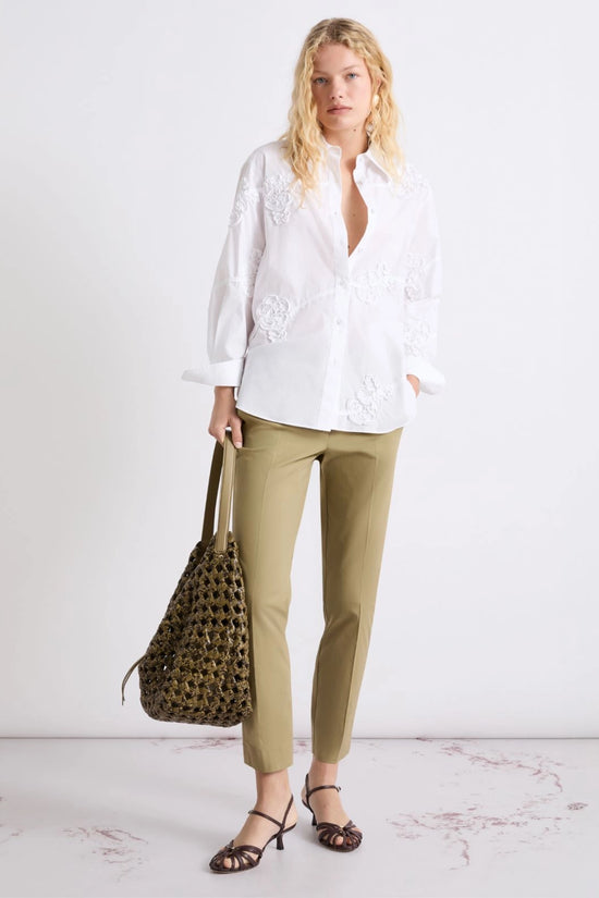 Marella Khaki Slim Leg Cropped Stretch Cotton Poplin Trousers