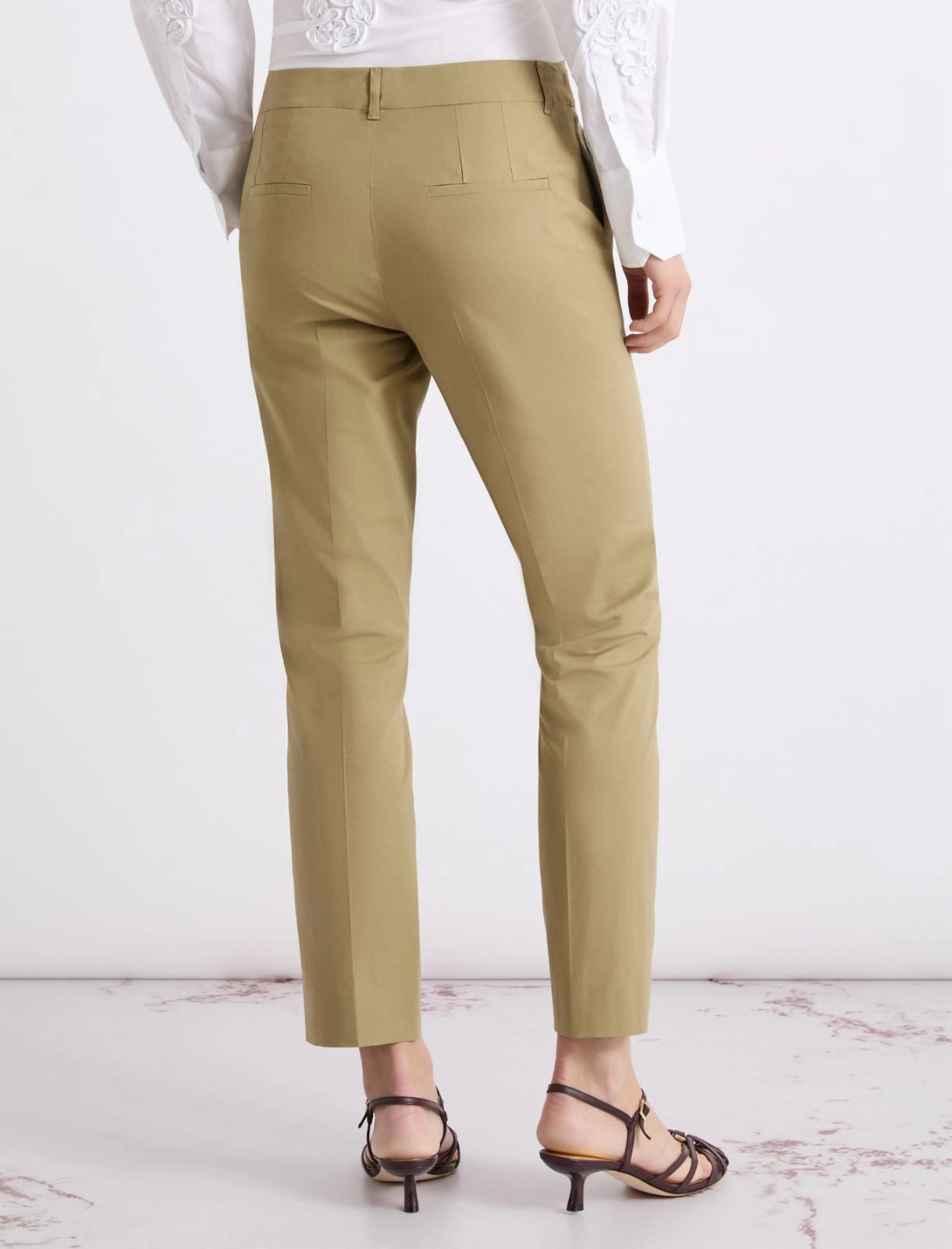 Marella Khaki Slim Leg Cropped Stretch Cotton Poplin Trousers
